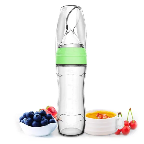 Miniatura 8 de Matyz Juego de 2 cucharas dispensadoras de alimentos de silicona para bebés (azul, 4 onzas/4.1 fl oz), alimentador de biberones exprimible de pie
