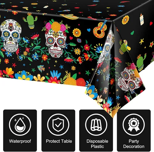Miniatura 3 de Irenare Mantel de plástico con diseño de Día de los Muertos, diseño de calavera de azúcar, desechable, rectangular, para Halloween, cumpleaños Negro