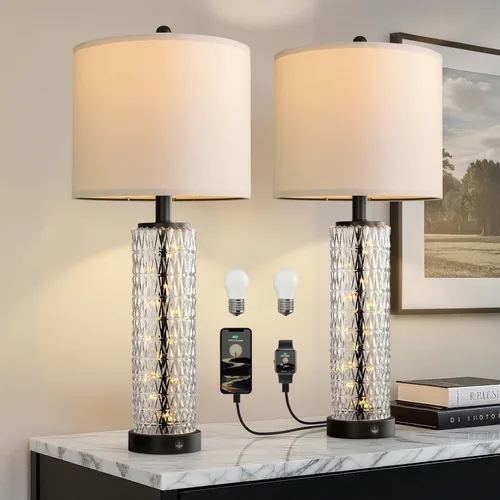 Oneach Juego de 2 lámparas de mesa de 27.75 pulgadas, lámpara de noche moderna negra con luz nocturna LED, USB A+C, lámparas de vidrio para sala de