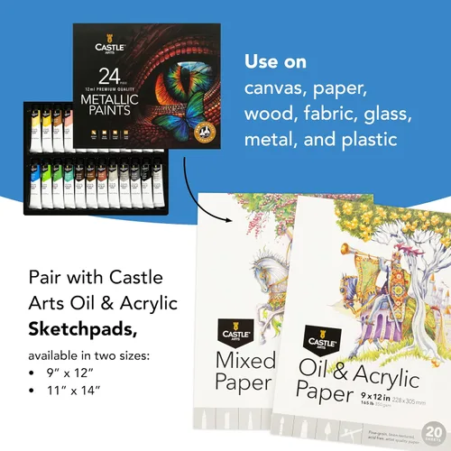 Miniatura 8 de Castle Art Supplies Juego de 24 tubos acrílicos metálicos Fórmula mejorada 24 tubos de 0.47 onzas líquidas para artistas adultos, principiantes