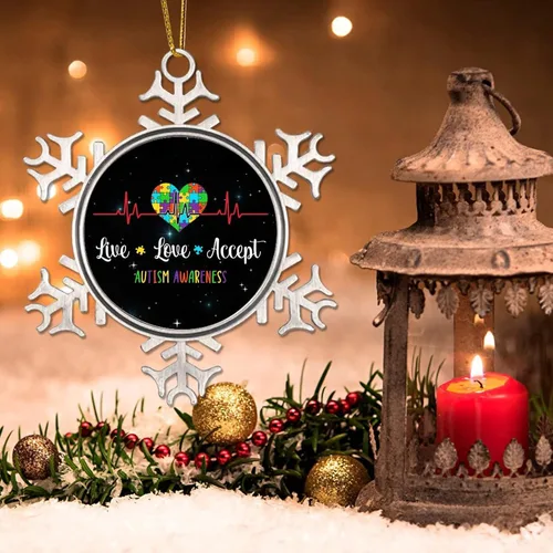 Miniatura 3 de Live Love Accept Autism Heartbeat Adornos para árbol de Navidad, decoración de autismo, rompecabezas divertido para colgar en Navidad