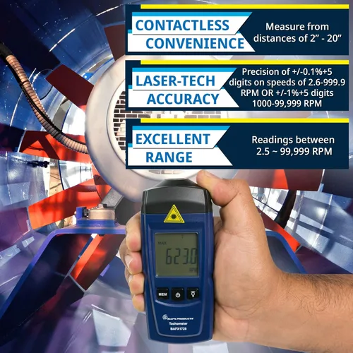 Miniatura 2 de BAFX Products Medidor de tacómetro de RPM digital sin contacto de luz infrarroja del PDA para medir velocidades rotatorias
