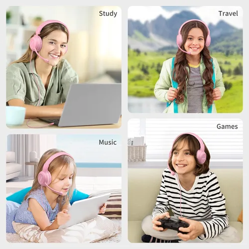Miniatura 7 de SIMOLIO Audífonos para niños con micrófono para la escuela, auriculares con cable de 75/85/94 dB con micrófono retráctil para iPad, PC, laptop