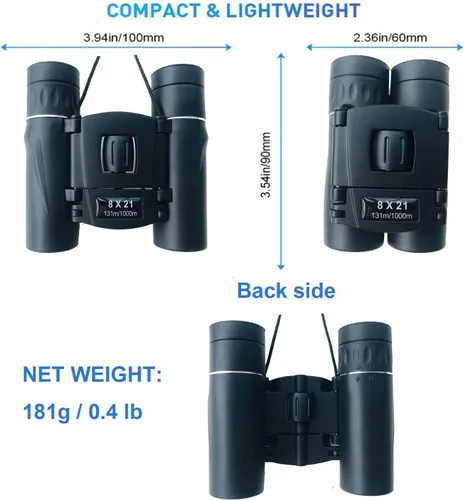 Miniatura 3 de Binoculares compactos de 8 x 21 para adultos y adolescentes, mini prismáticos ópticos completos pequeños para observación de aves, ópera, Negro