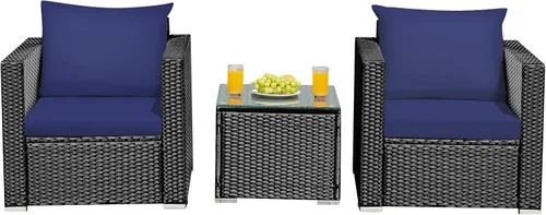 Miniatura 9 de Juego de muebles de mimbre de ratán para exteriores, 3 piezas, con cojín resistente al agua y mesa de vidrio templado, silla de mimbre para porche