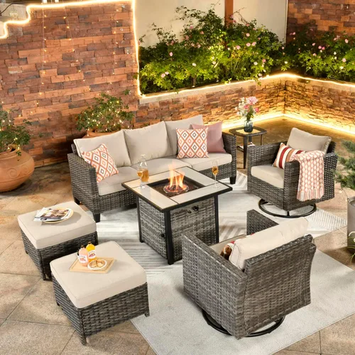 Miniatura 29 de ovios Juego de muebles de patio de 7 piezas con mesa cuadrada para hoguera, sillas mecedoras giratorias, juego de conversación de mimbre de respaldo