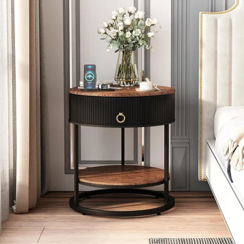 Miniatura 9 de OIOG - Mesa auxiliar redonda con cajón, mesa auxiliar moderna de madera con estante, mesa de noche de 2 niveles con cajón para sala de estar, Negro