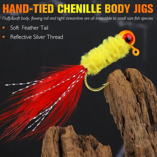Miniatura 2 de Dovesun Jigs de Crappie, cabezas de jig con plumas atadas a mano Jigs de Marabou Ice Señuelos de pesca con mosca 10 colores 1/32 oz 1/16 oz 1/8 oz