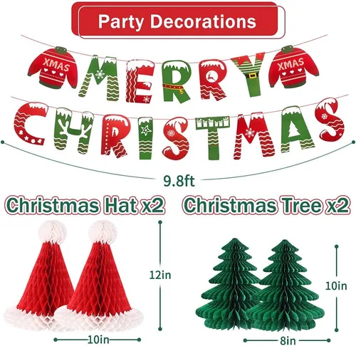 Miniatura 3 de Decoraciones de fiesta de Navidad, pancarta de Feliz Navidad, panal de abeja, sombreros de Papá Noel, árboles, copos de nieve, abanicos de papel