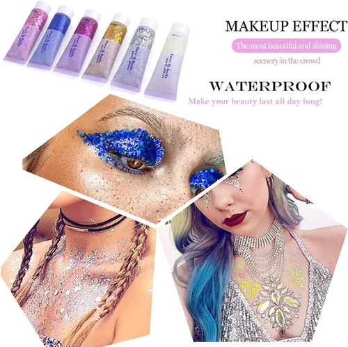 Miniatura 6 de Brillantina para la cara azul, traje de neón brillante, para fiesta, lentejuelas holográficas, maquillaje en gel con purpurina corporal (01# azul)