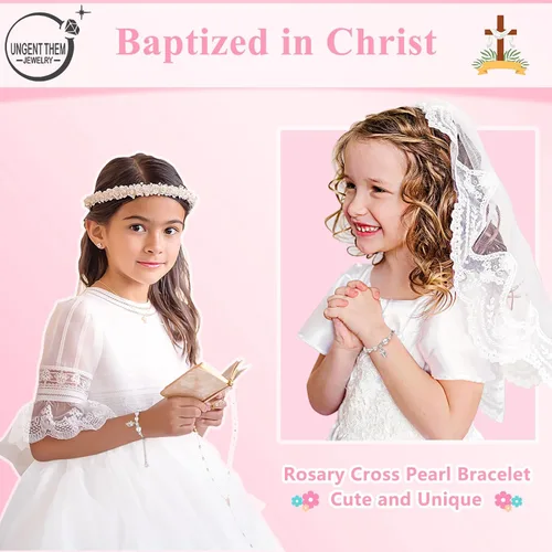 Miniatura 4 de UNGENT THEM Pulsera de perlas con cruz de rosario, bautismo, comunión, confirmación católica, regalos de Pascua para niñas, nieta, hija, sobrina