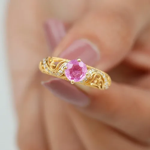 Miniatura 13 de Anillo de compromiso redondo de zafiro rosa cultivado en laboratorio certificado con diamante Calidad AAAA Anillo de estilo vintage para mujer