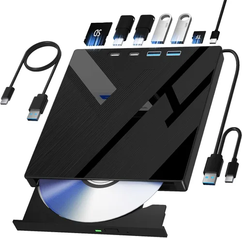 Wbacon 7 en 1 unidad externa de CD/DVD para portátil, reproductor de DVD portátil para portátil con puerto SD/TF, unidad de DVD externa con USB