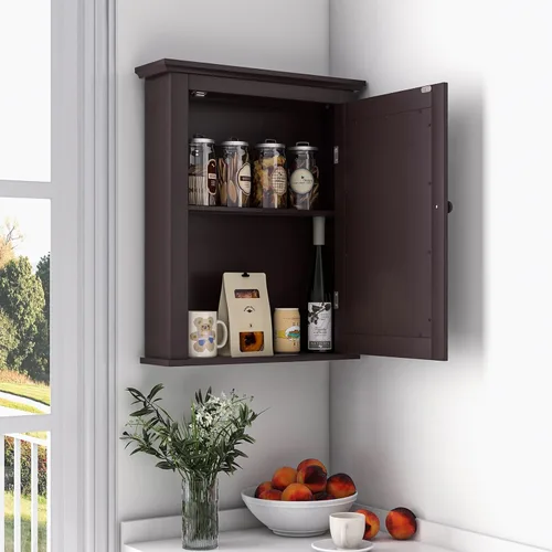 Miniatura 8 de Botiquín marrón con espejo, almacenamiento ajustable montado en la pared para baño, sala de estar, dormitorio, entrada y cocina
