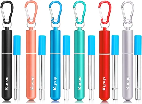 Kynup Reusable Metal Straws (6Packs), Collapsible Travel Drinking Straws with Cases, Cruise Ship Essentials, Cruise Must Haves with Silicone for