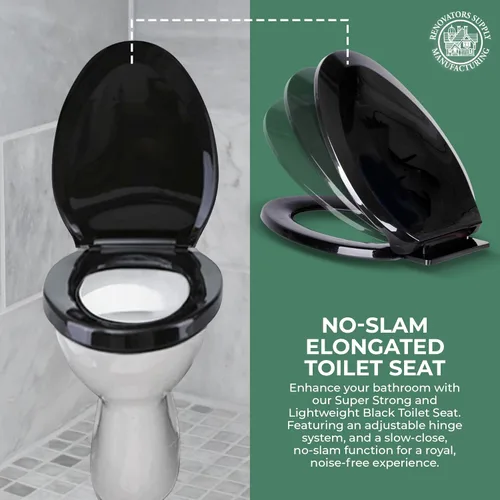Miniatura 5 de Renovators Supply Manufacturing Asiento de inodoro alargado de plástico negro con cierre suave y silencioso, tapa de cierre silencioso, asiento