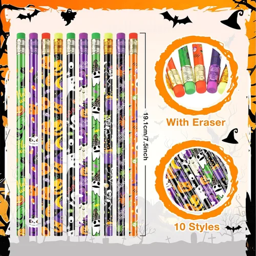 Miniatura 2 de Cholemy 200 lápices de Halloween con borradores, lápices de madera a granel, calabazas coloridas, murciélagos, arañas, calaveras, fantasmas y ojos