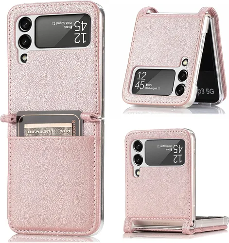 Miniatura 2 de Funda para Galaxy Z Flip 4 5G, cartera de piel sintética de lujo, color oro rosa, ranuras para tarjetas, protección completa, ajuste delgado