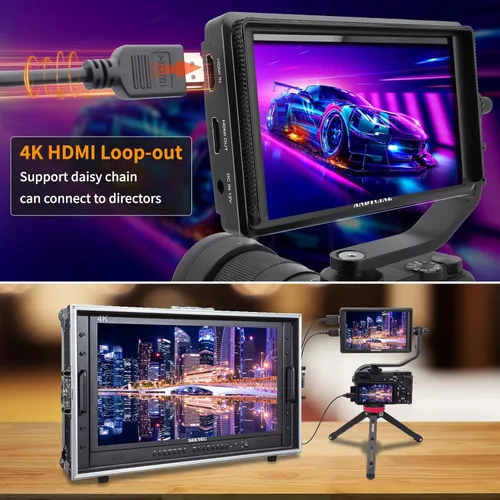 Miniatura 7 de ANDYCINE Monitor de campo HDMI A6 V2 de 6 pulgadas 1920 x 1080 con brazo de inclinación HDMI de entrada y salida 4k, salida de potencia, batería