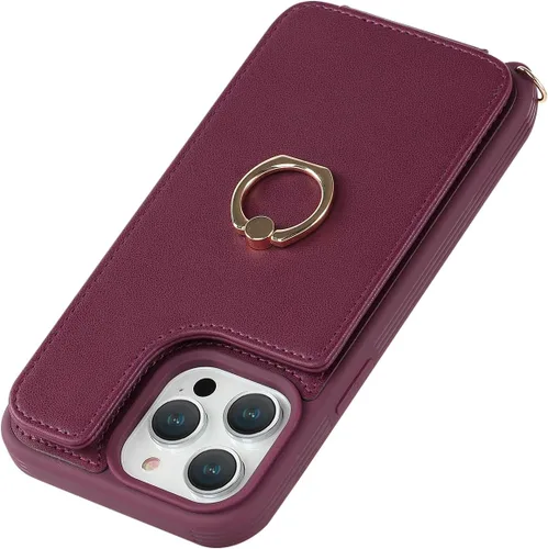 Miniatura 9 de Lipvina Funda para iPhone 14 Pro Max con tarjetero para mujer, funda para teléfono con correa, cordón cruzado, soporte de anillo, cierre a presión