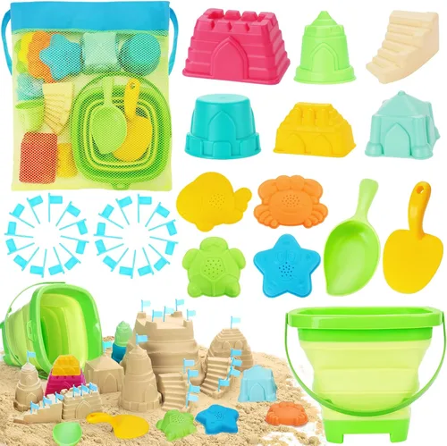 RACPNEL Juguetes de playa plegables para niños, juego de balde de arena y palas plegables con bolsa de malla, kit de construcción de castillos de