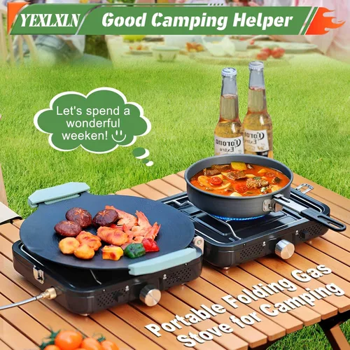 Miniatura 3 de Estufa de camping de propano de 2 quemadores con plancha y bolsa de transporte, estufa de campamento de propano portátil con 2 quemadores ajustables