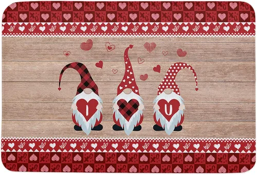 Miniatura 3 de T&H XHome Felpudo de San Valentín, felpudo para puerta delantera trasera con parte trasera antideslizante, gnomos de San Valentín en grano de madera