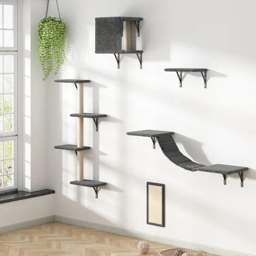 Miniatura 7 de Juego de 5 escaladores para gatos montados en la pared, estantes de madera para gatos con perchas, escalera, casa de condominio para gatos, tabla