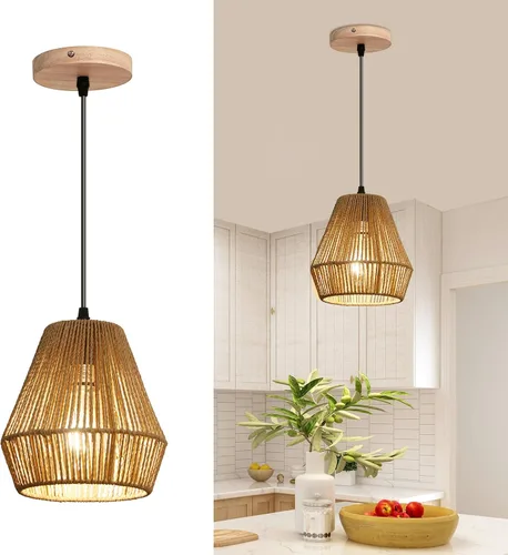 Lámpara colgante de ratán tejido bohemio, 7 pulgadas, mini lámpara colgante con jaula de trabajo manual, iluminación colgante pequeña natural de