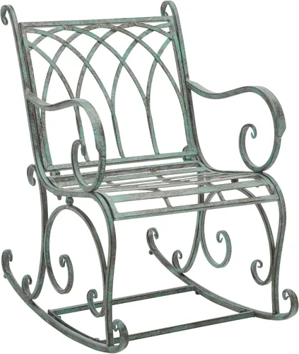 SAFAVIEH Silla mecedora de hierro Medrano para exteriores, metal de hierro verde oscuro antiguo, diseño de desplazamiento adornado vintage, ideal