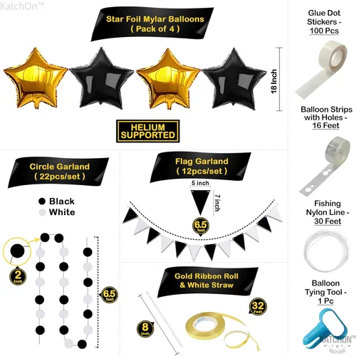 Miniatura 4 de KatchOn, Juego de decoraciones de Año Nuevo 2026, enorme, paquete de 85 Globo de estrellas negras y doradas, telón de fondo de cortina con flecos