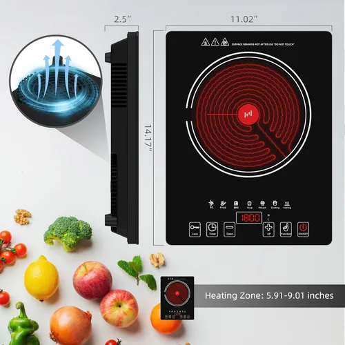 Miniatura 2 de Estufa Eléctrica, Placa de Cocina Eléctrica Portátil de 1800W de Quemador Único con Pantalla Táctil LED, 8 Niveles de Potencia y 8 Niveles de Negro