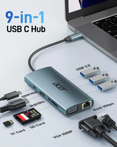 Miniatura 2 de Acer Hub USB C con HDMI 4k, adaptador USB C 9 en 1 a Ethernet, estación de acoplamiento USBA 3.0 de 5 Gbps, divisor VGA, lector de tarjetas SD, Gris