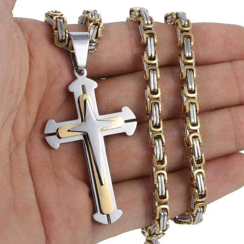 Miniatura 2 de Trendsmax - Collar con colgante de cruz para hombre, acero inoxidable, cadena bizantina de 22 24 26 28 30 pulgadas
