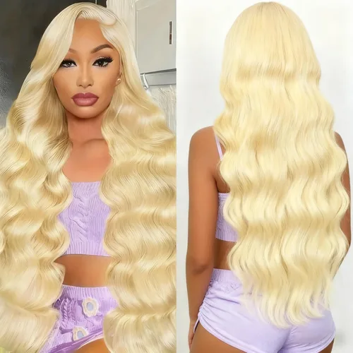 Miniatura 12 de Peluca de encaje frontal 613, cabello humano, 30 pulgadas, onda corporal, peluca frontal de encaje HD, rubia, predepilada, sin pegamento, densidad