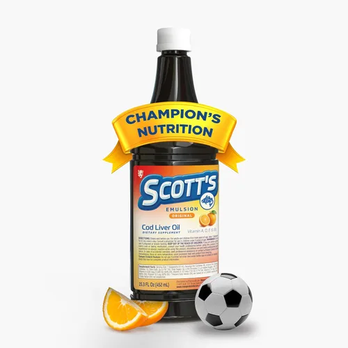 SCOTT'S EMULSION Aceite de hígado de bacalao para niños | Aceite de pescado Omega 3 para niños con vitaminas A, D y E | Emulsión de pescado sabor