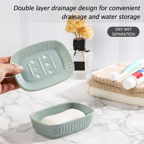 Miniatura 4 de VanEnjoy Jabonera de cerámica verde, jabonera autodrenante para fregadero de cocina, tenedor decorativo del cuarto de baño