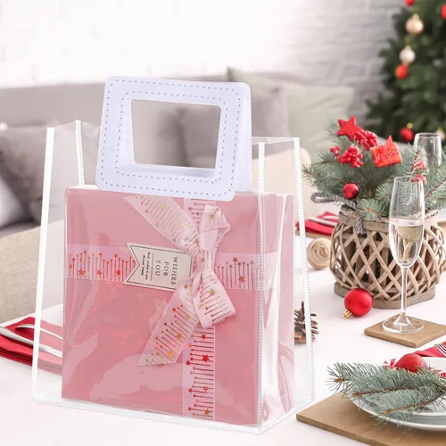 Miniatura 7 de Yolyoo Paquete de 15 bolsas de regalo transparentes con asas blancas, bolsas de plástico de PVC transparentes para envolver regalos, bolsas