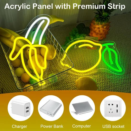Miniatura 6 de Juego de 2 letreros de neón de plátano y limón (1 luz de plátano + 1 luz de limón) Luces de neón de frutas para decoración de pared, habitación