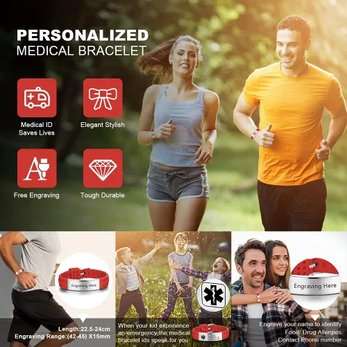 Miniatura 32 de OPALSTOCK Pulseras médicas personalizadas de silicona ajustable para identificación de emergencias, grabado gratuito, 9 pulgadas, resistente al