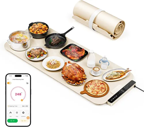 Vabaso Tapete de calentamiento de alimentos extra grande con aplicación, ajuste de temperatura y temporizador de 37 x 15 pulgadas, se calienta en 5