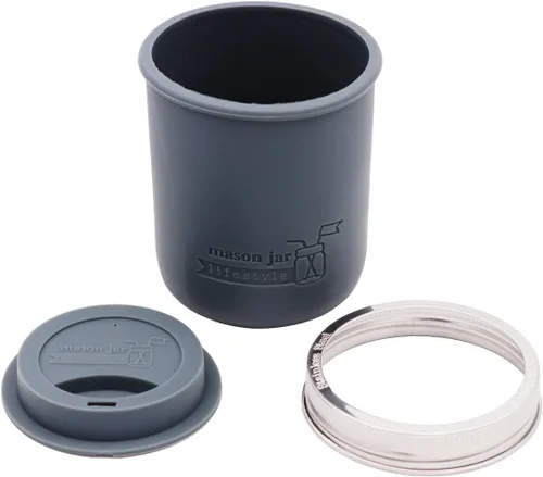 Funda de silicona de boca ancha de 16 onzas con tapa de silicona a juego y banda de acero inoxidable para tarros Mason (gris carbón)
