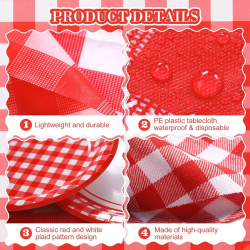 Miniatura 3 de Buryeah 205 piezas de suministros de fiesta rojos y blancos para 25 invitados, mantel a cuadros a cuadros, banderines de papel, platos, servilletas