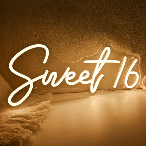 SYLHOME Letrero de Luz de Neón LED Sweet 16 17"X7.3" 5V Niñas Dulces Adultos Dormitorio Feliz Fiesta de Cumpleaños 16 Decoración de Pared Hermoso