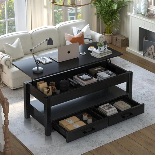 Miniatura 6 de FABATO Mesa auxiliar elevable de 41.7 pulgadas con 2 cajones de almacenamiento con compartimento oculto, estante de almacenamiento abierto para sala