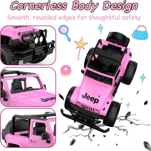 Miniatura 3 de DOUBLE E Jeep con licencia de escala 1:14 en color rosa, coche de control remoto para niñas con pegatinas DIY, diseño de techo abierto, camioneta RC
