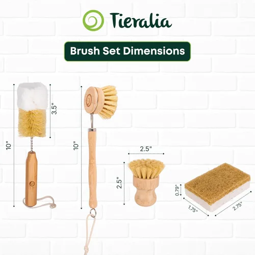 Miniatura 2 de Tieralia Juego de 5 cepillos de bambú para platos, kit de limpieza de cocina ecológico con cepillo para botellas, cepillo largo para platos