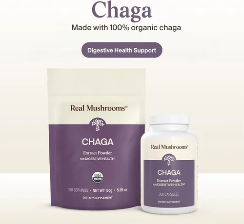 Miniatura 2 de Real Mushrooms Polvo de hongos Chaga – Extracto orgánico de Chaga de cuerpo fructífero – para bienestar y apoyo energético – Vegano, sin OMG, 150