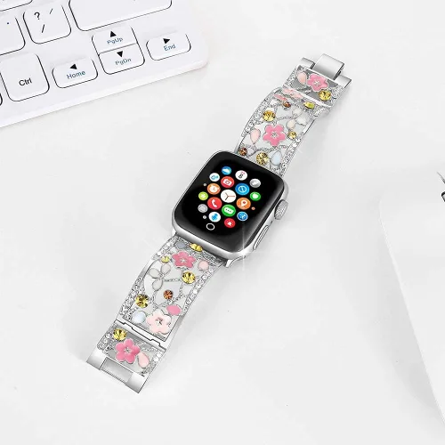 Miniatura 3 de Pulsera Floral Compatible con Apple Watch Banda de 1.65, 1.73, 1.77, 1.81 y 1.92 pulgadas, iWatch Series 11 10 9 8 7, Correa de Metal Hueca