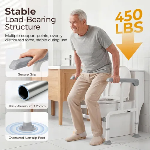 Miniatura 5 de Rieles de seguridad para inodoro para ancianos y discapacitados con asas que brillan en la oscuridad, marco resistente de 450 libras, brazos